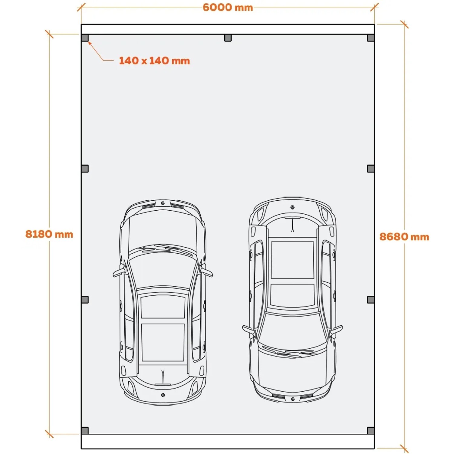 Draufsicht: Holzbrüder Doppelcarport Ralf, reinweiß, 600x868cm, mit zwei Autos. Technische Zeichnung.