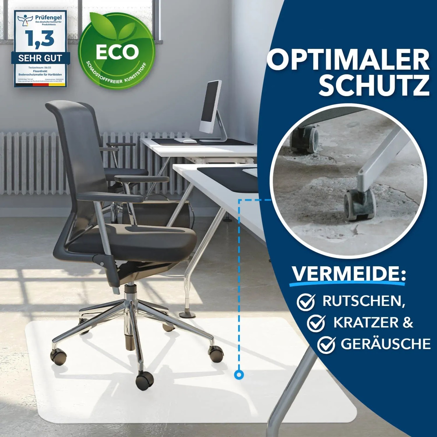 Halbtransparente Karat Bodenschutzmatte 90x90cm unter Bürostuhl schützt Hartböden vor Kratzern.