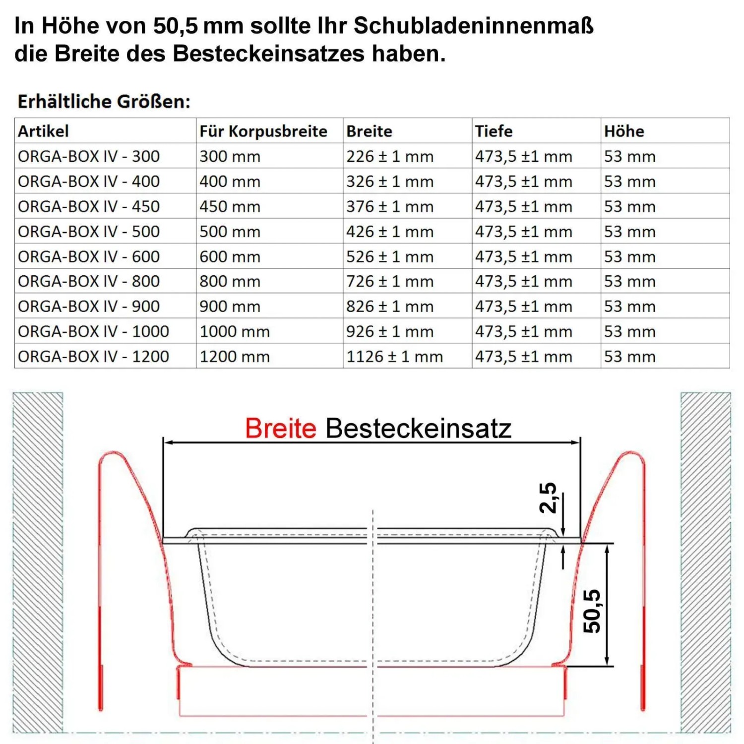 SOTECH ORGA-BOX IV Besteckeinsatz: Maßtabelle & technische Zeichnung. Größen, Breiten, Tiefen, Höhen für 400mm Schubladen.