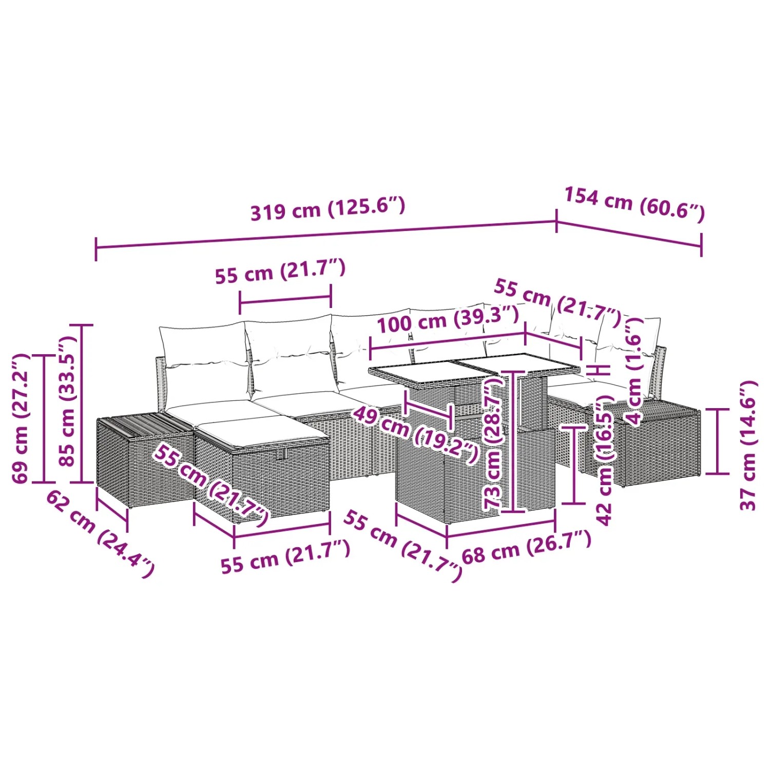 vidaXL Gartenmöbel Set, 8-teilig, schwarz, Poly Rattan, mit Maßen für Planung.