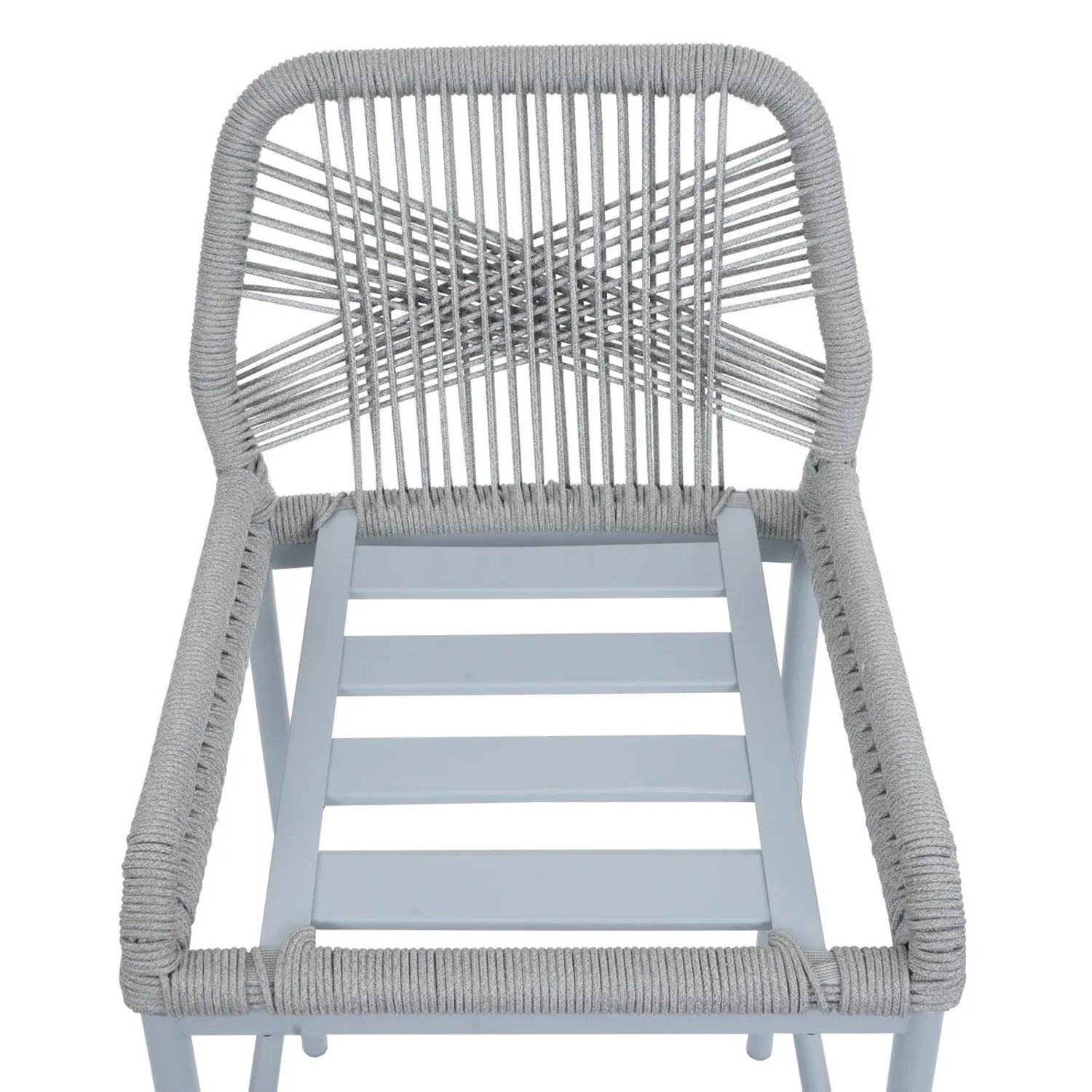 Proregal Barhocker, hellgrau, mit Seilgeflecht-Rückenlehne und robustem Stahlgestell. Modernes Design für Outdoor-Bereiche.
