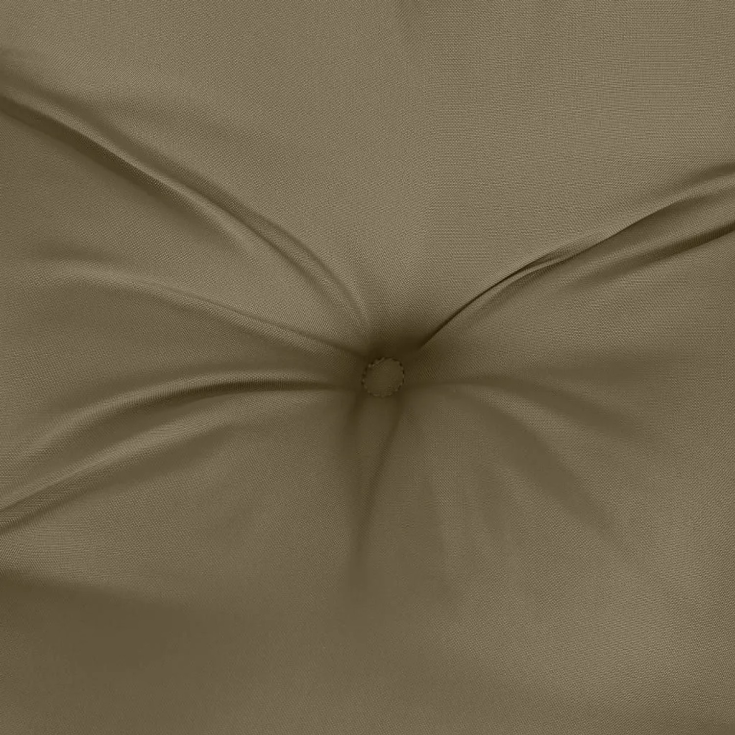 Nahaufnahme einer melange taupefarbenen Hochlehner-Auflage aus Stoff mit Knopfheftung. Weiche Gartenstuhlauflage.