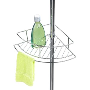 Wenko Teleskop-Eckregal Dolcedo mit Ablagekörben aus Edelstahl, befüllt mit Duschgel und Waschlappen.