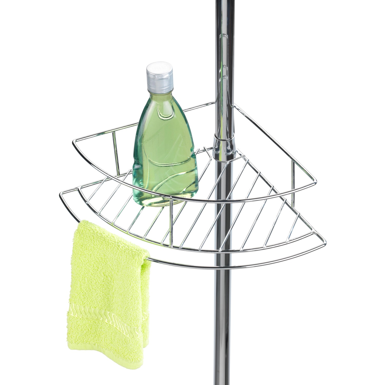 Wenko Teleskop-Eckregal Dolcedo mit Ablagekörben aus Edelstahl, befüllt mit Duschgel und Waschlappen.