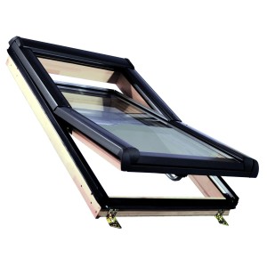 Geöffnetes Roro Holz-Dachfenster 74x118 cm mit VSG-Verglasung und anthrazitfarbener Aussenabdeckung.
