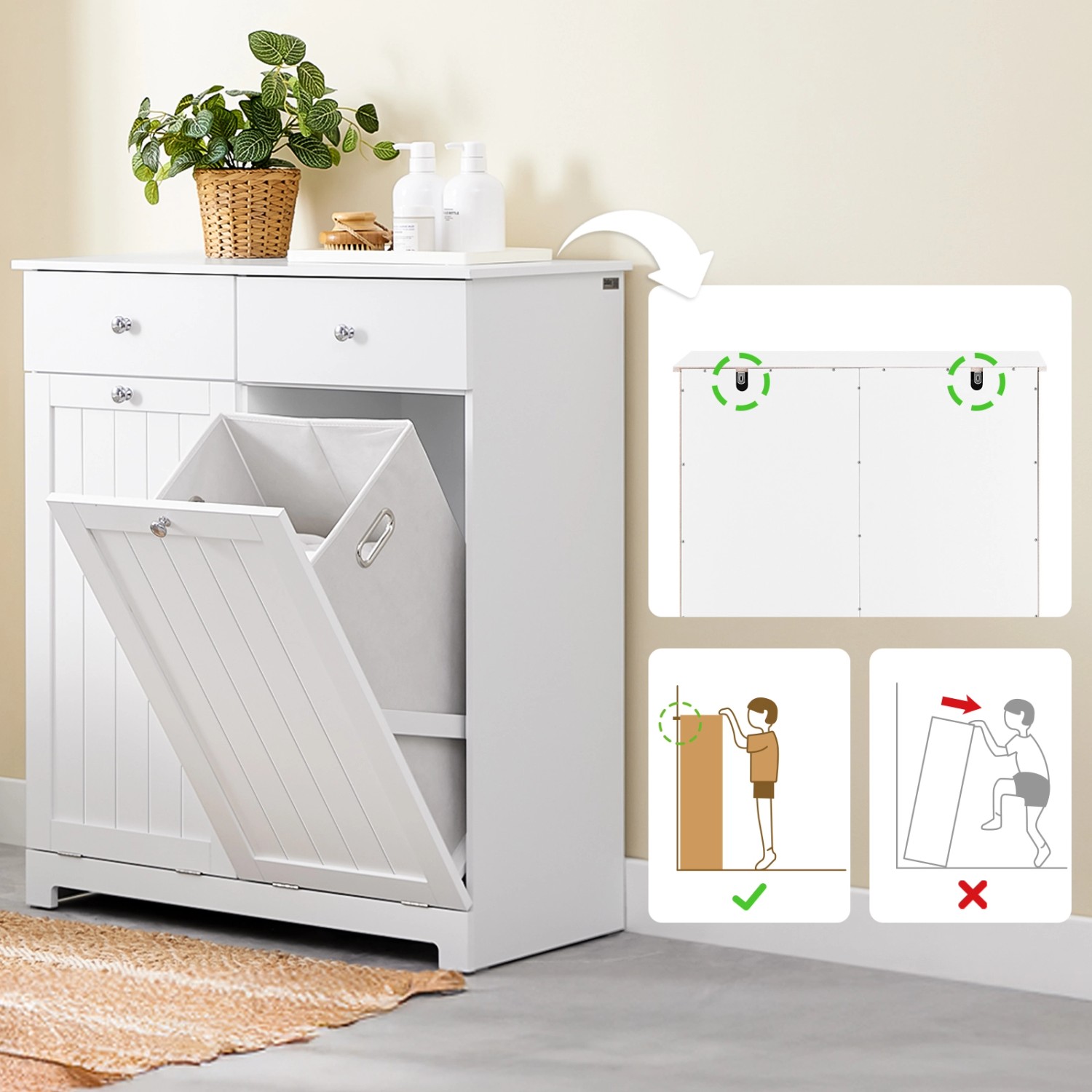 Weißer SoBuy Badschrank mit 2 Wäschesäcken und Schubladen. Badaccessoire mit Kippschutz.