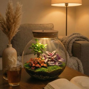 Vdvelde Bonsai Terrarium 'Biodome' mit LED-Beleuchtung, Pflanzen und Moos auf Holztisch. Gemütliche Wohnzimmer-Deko.