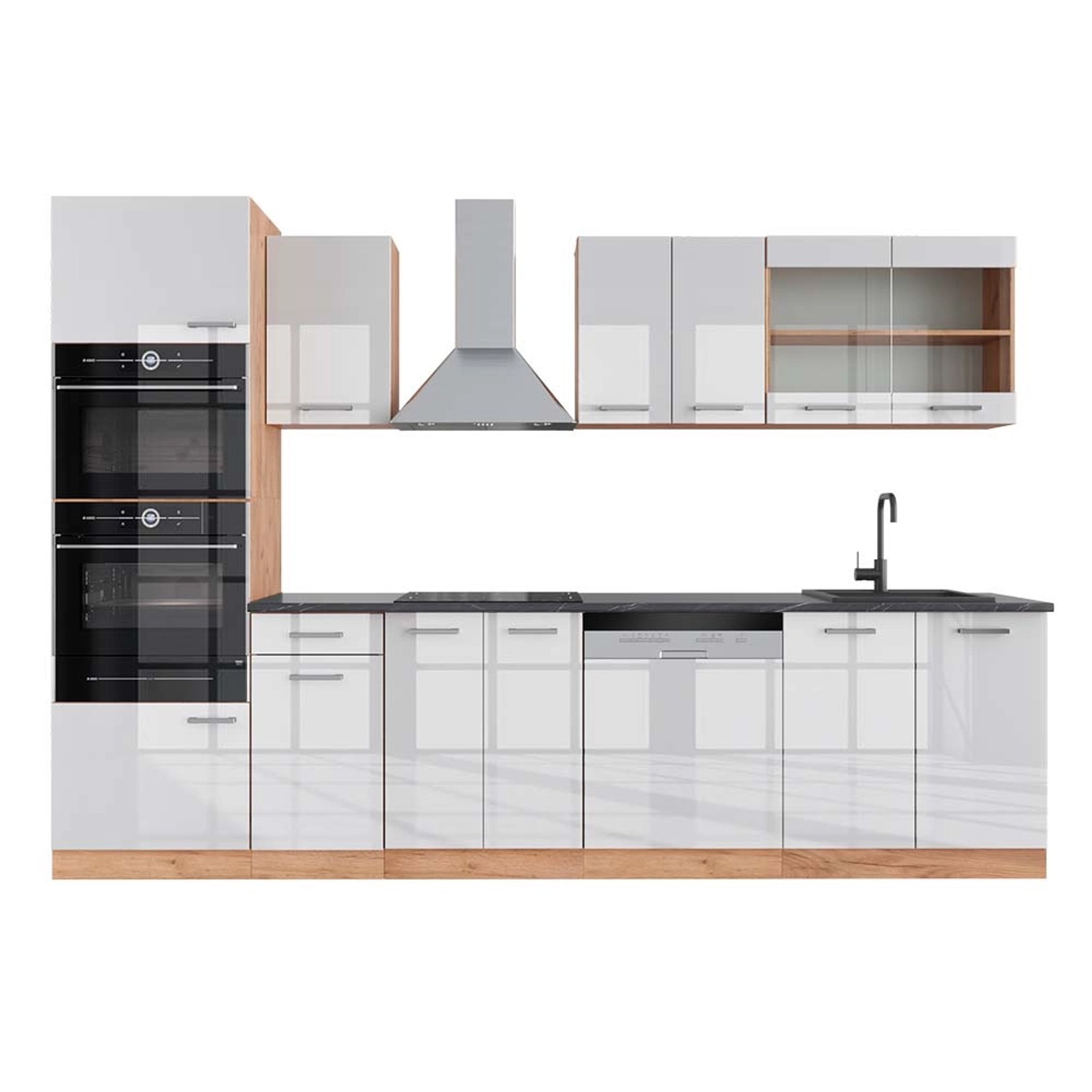 Vicco R-Line Küchenzeile Weiß Hochglanz/Goldkraft Eiche 300 cm mit Hochschr günstig online kaufen