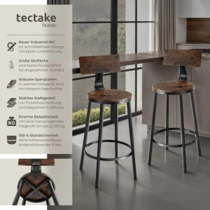 2er Set Tectake Barhocker Poole im Industrial Style mit Rückenlehne aus Holz und Stahl.