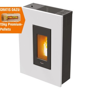 Weißer PEGASO Pelletofen Madison Stahl, 5,3 kW mit Automatik und gratis 15kg Pellets.