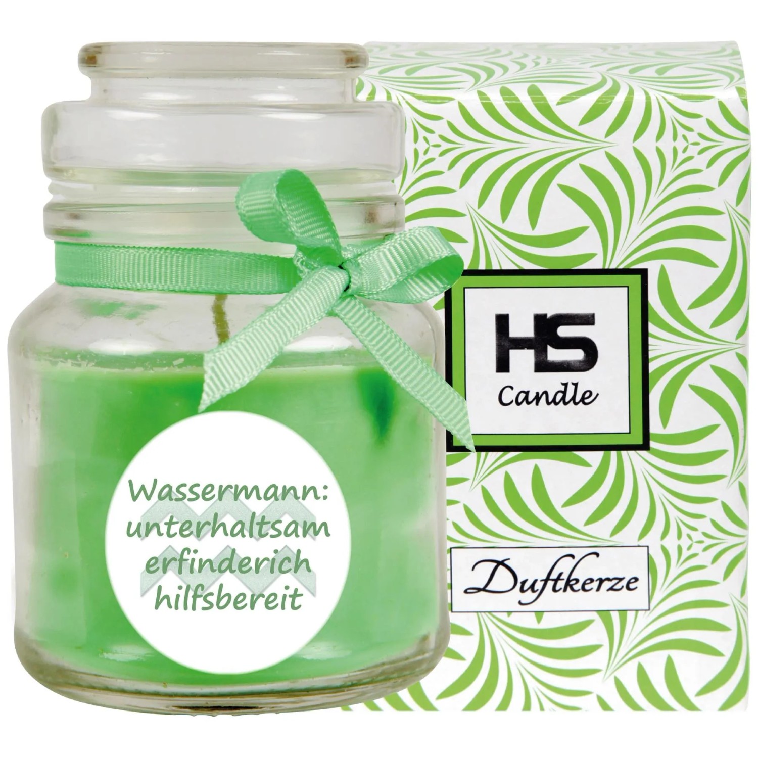 HS Candle Duftkerze Sternzeichen Wassermann im Glas mit Schleife und Verpackung.