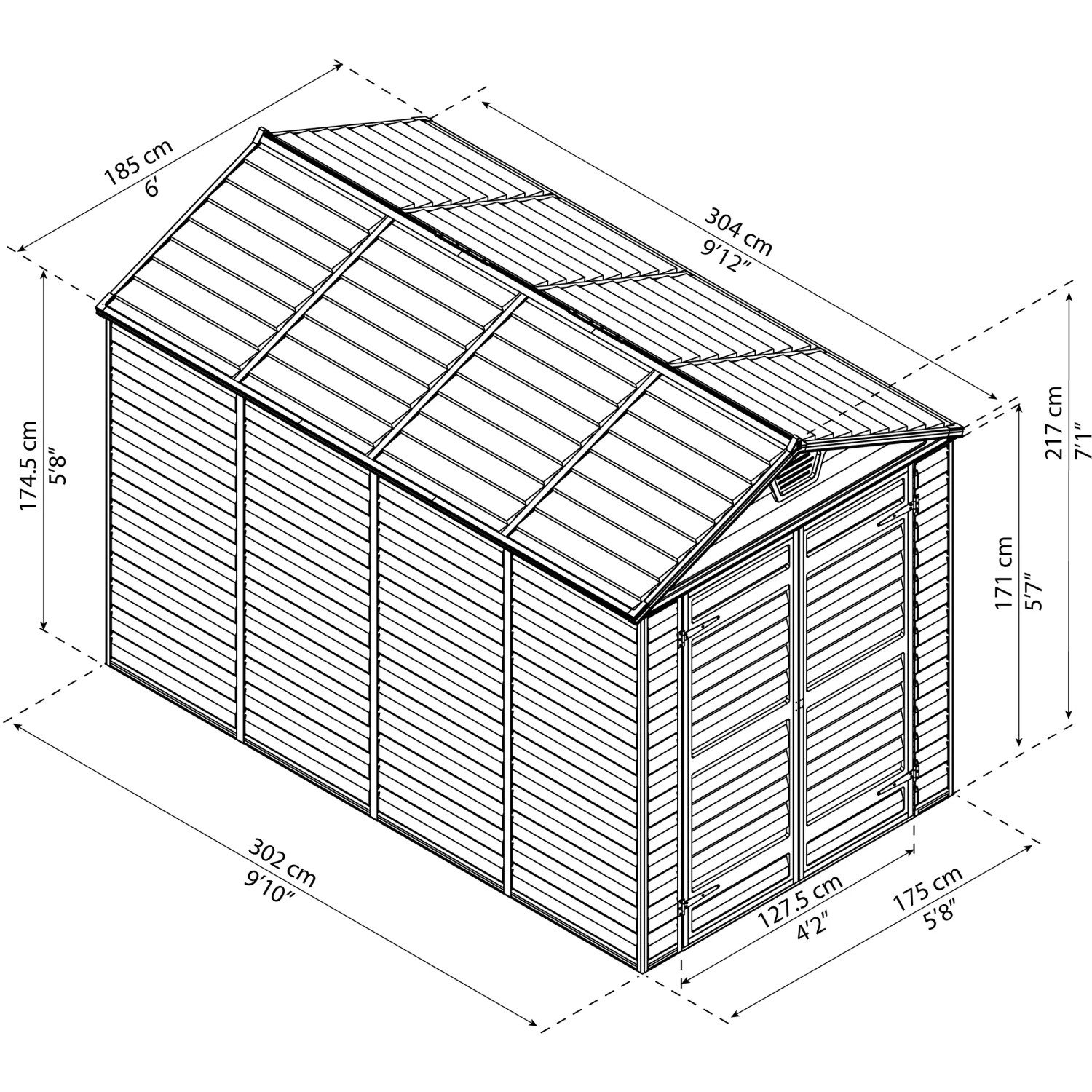 Skizze Palram Canopia Gerätehaus Skylight 185x304 cm, Maße und Details des grauen Gartenhauses.