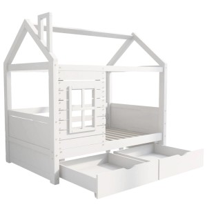 Merax Hausbett 80x160 Kinderbett mit Rausfallschutz Fenster Massivholz Weiß