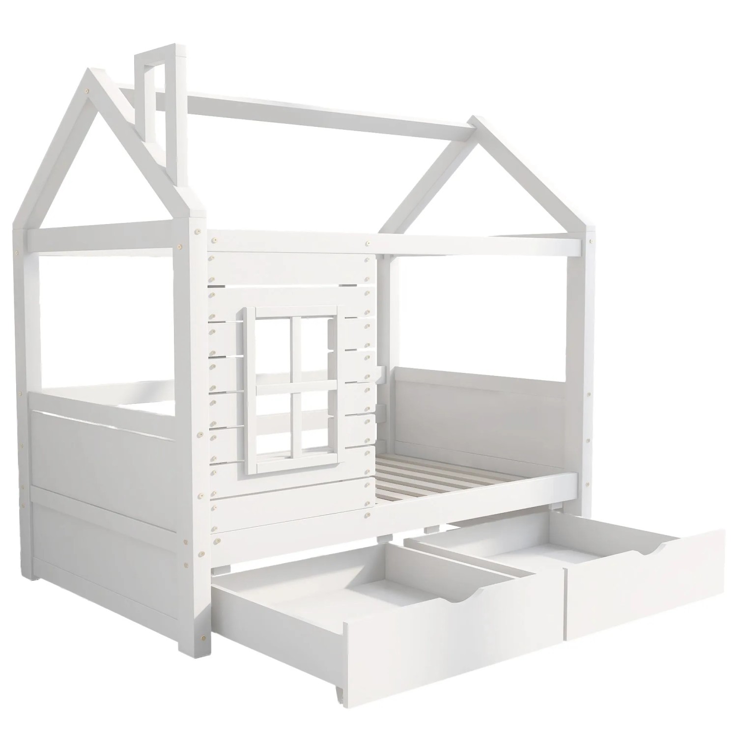 Merax Hausbett 80x160 Kinderbett mit Rausfallschutz Fenster Massivholz Weiß