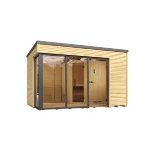 Weka Design-Saunahaus Cubilis mit Glasfront, 388x314 cm, inkl. 9 kW Saunaofen.