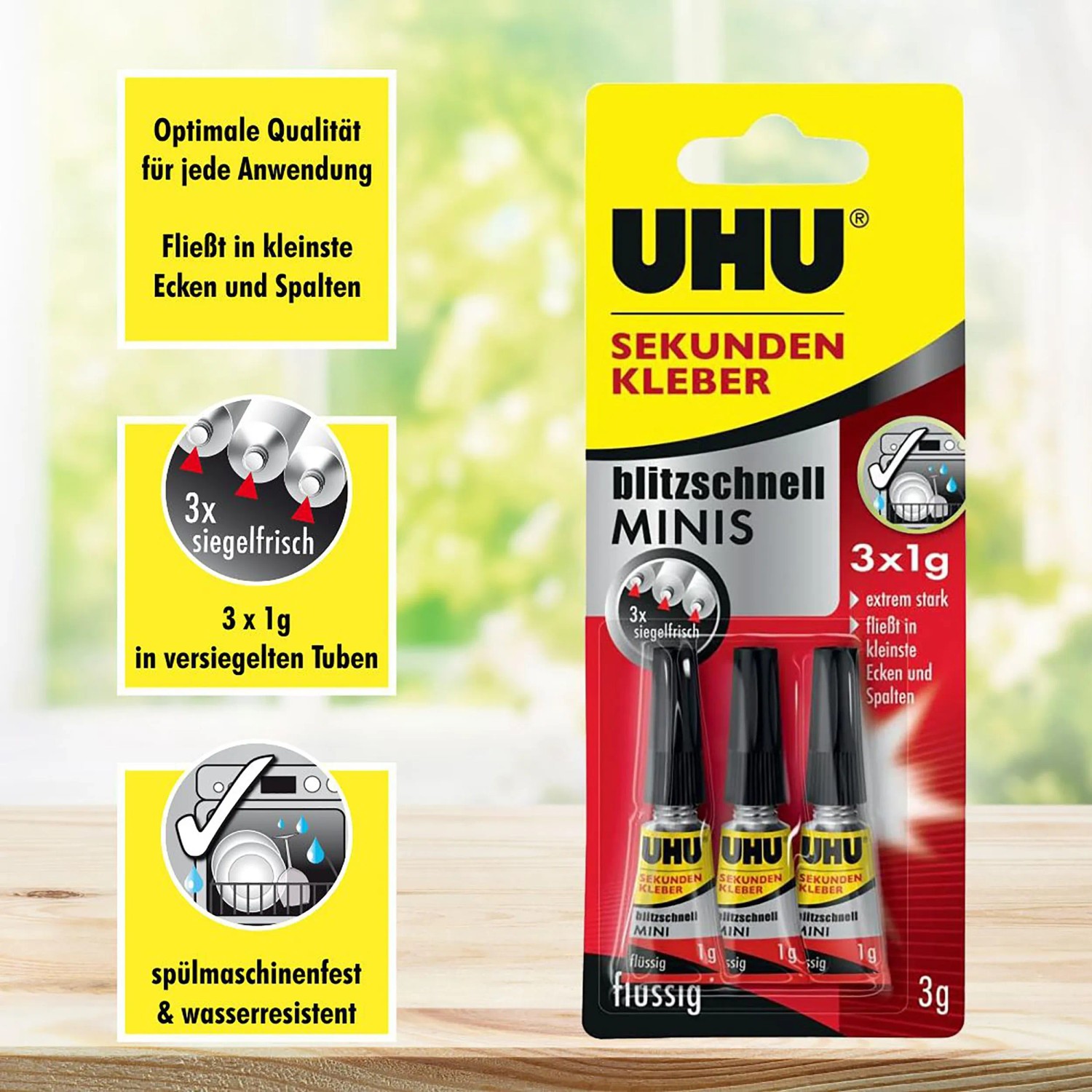 Uhu Sekundenkleber Blitzschnell Minis, 3 Tuben à 1g, flüssiger Kleber für schnelle Verklebungen.