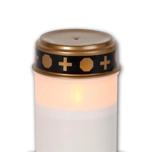 Weißes LED-Grablicht Serene aus Kunststoff mit gold-schwarzem Deckel, warmweißem Flackerlicht und Timerfunktion.