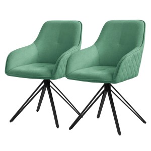 2er Set grüne ML-Design Esszimmerstühle mit Webstoffbezug und drehbarem, schwarzem Metallfuß.
