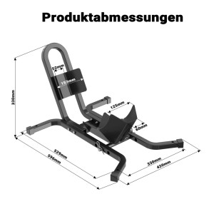 Schwarzer Xpotool Motorradständer mit Vorderradwippe aus Stahl, zeigt Maße für 17-21 Zoll Reifen. Für Montage & Transport.