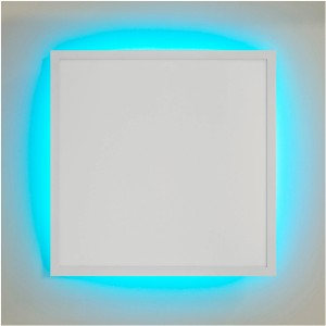 Quadratisches, weißes LED-Panel mit blauem Backlight für smarte Beleuchtung.