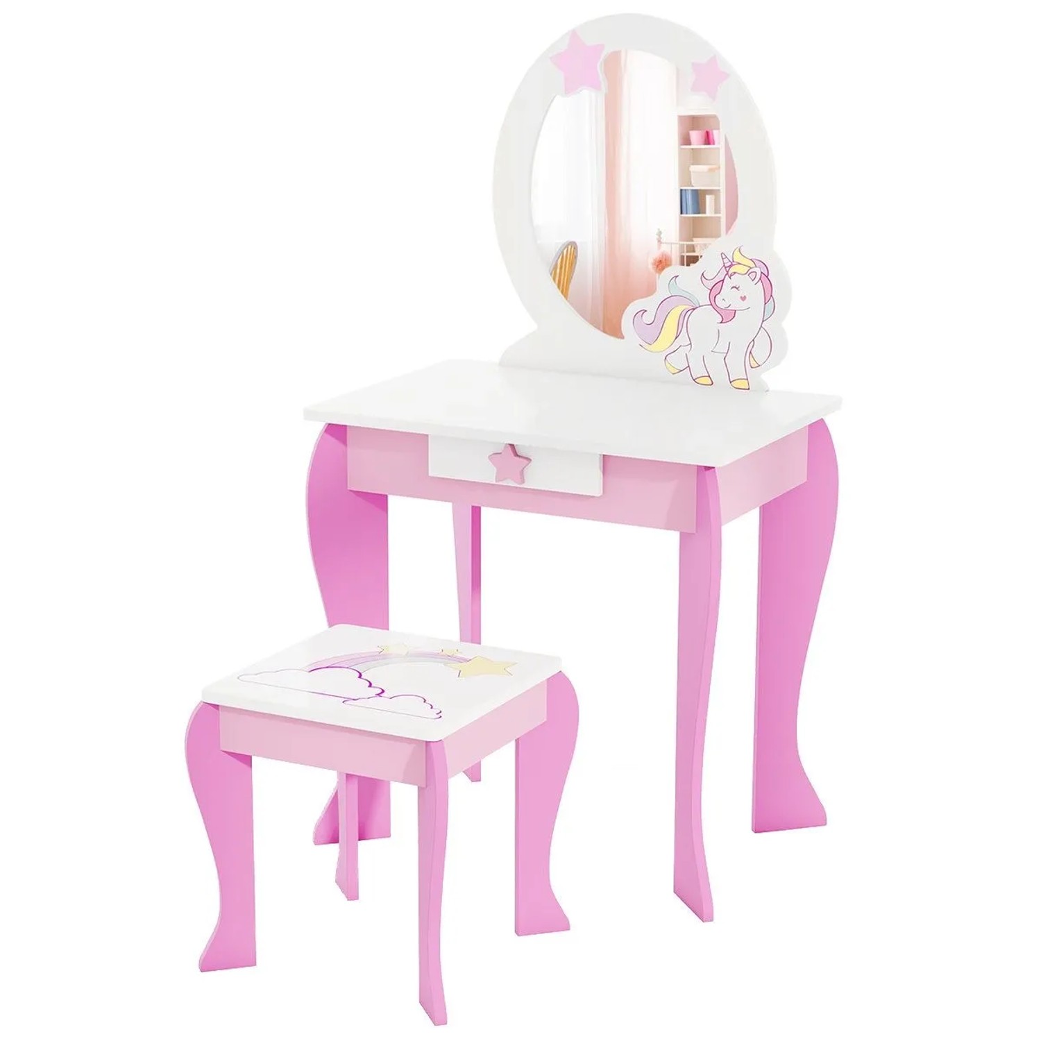 Costway Kinder Schminktisch mit Hocker & Schublade für 3-7 Jahre Pink günstig online kaufen