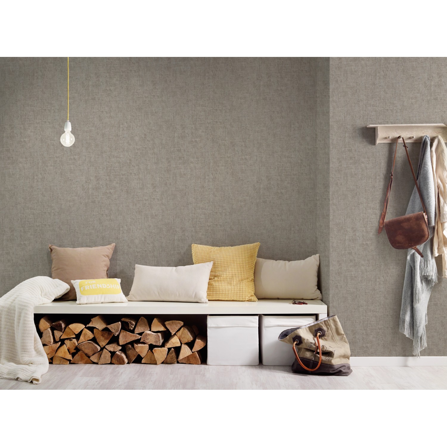 A.S. Création Vliestapete Greenery, taupe metallic, an der Wand im Wohnraum.