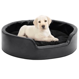 Schwarzes vidaXL Hundebett (69x59x19 cm) aus Plüsch und Kunstleder mit liegendem Labradorwelpen.