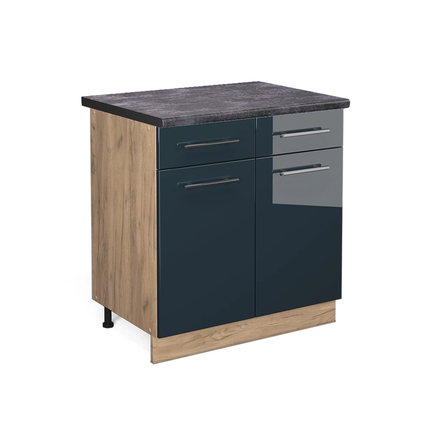 Vicco Küchenunterschrank Fame-Line Dunkelblau Hochglanz/Goldkraft Eiche 80 cm AP Anthrazit