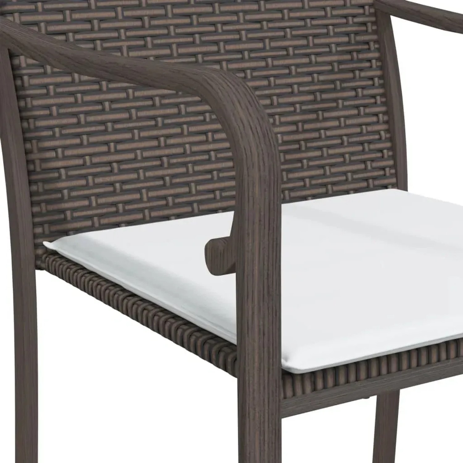 Detailansicht: Gartenstuhl der vidaXL Essgruppe, braunes Rattan, weißes Kissen.