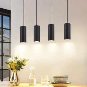 Schwarze 4-flammige Metall Pendelleuchte im Industrial-Design über Esstisch, GU10 Fassung.
