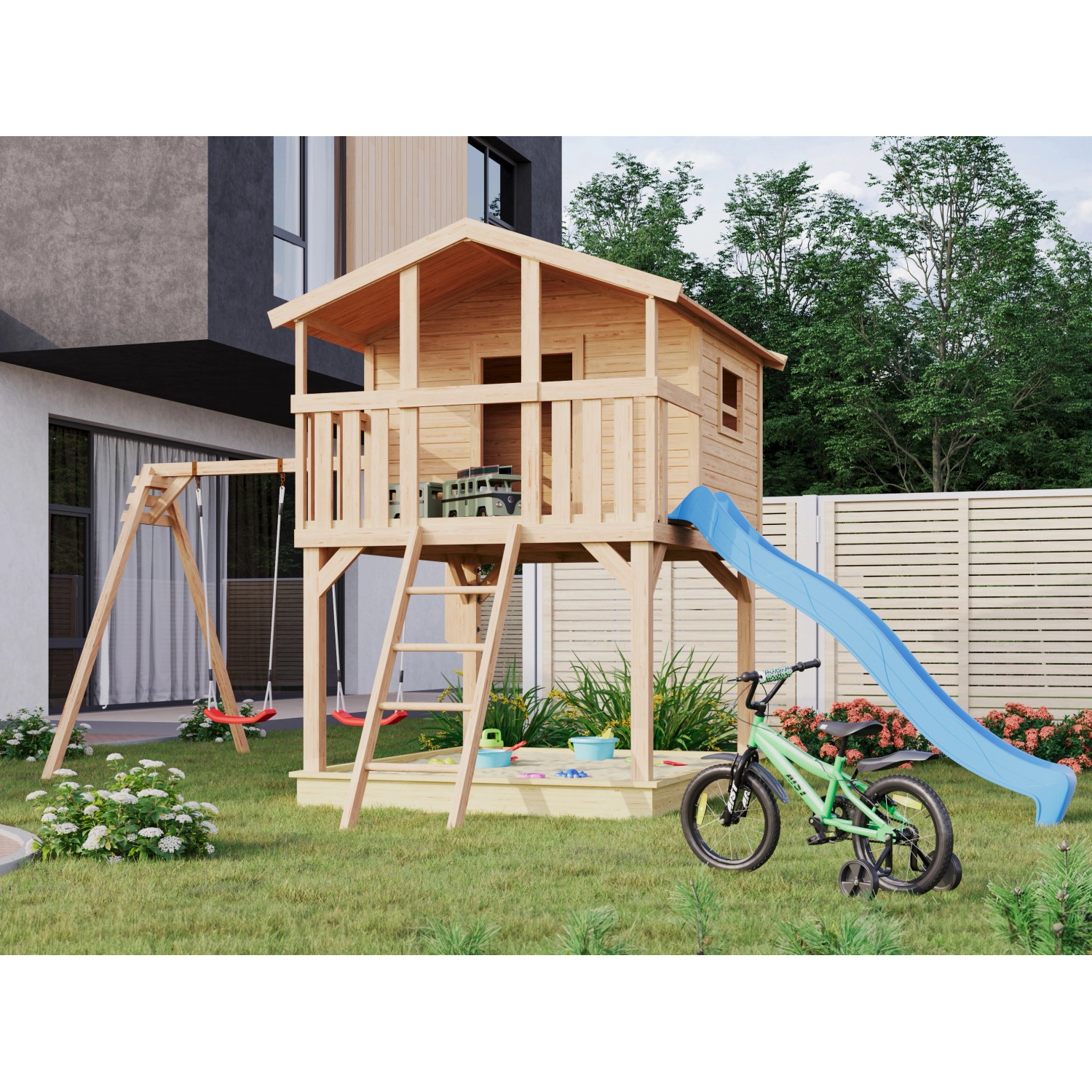 Karibu Stelzenhaus Benjamin mit Doppelschaukel und blauer Rutsche im Garten.
