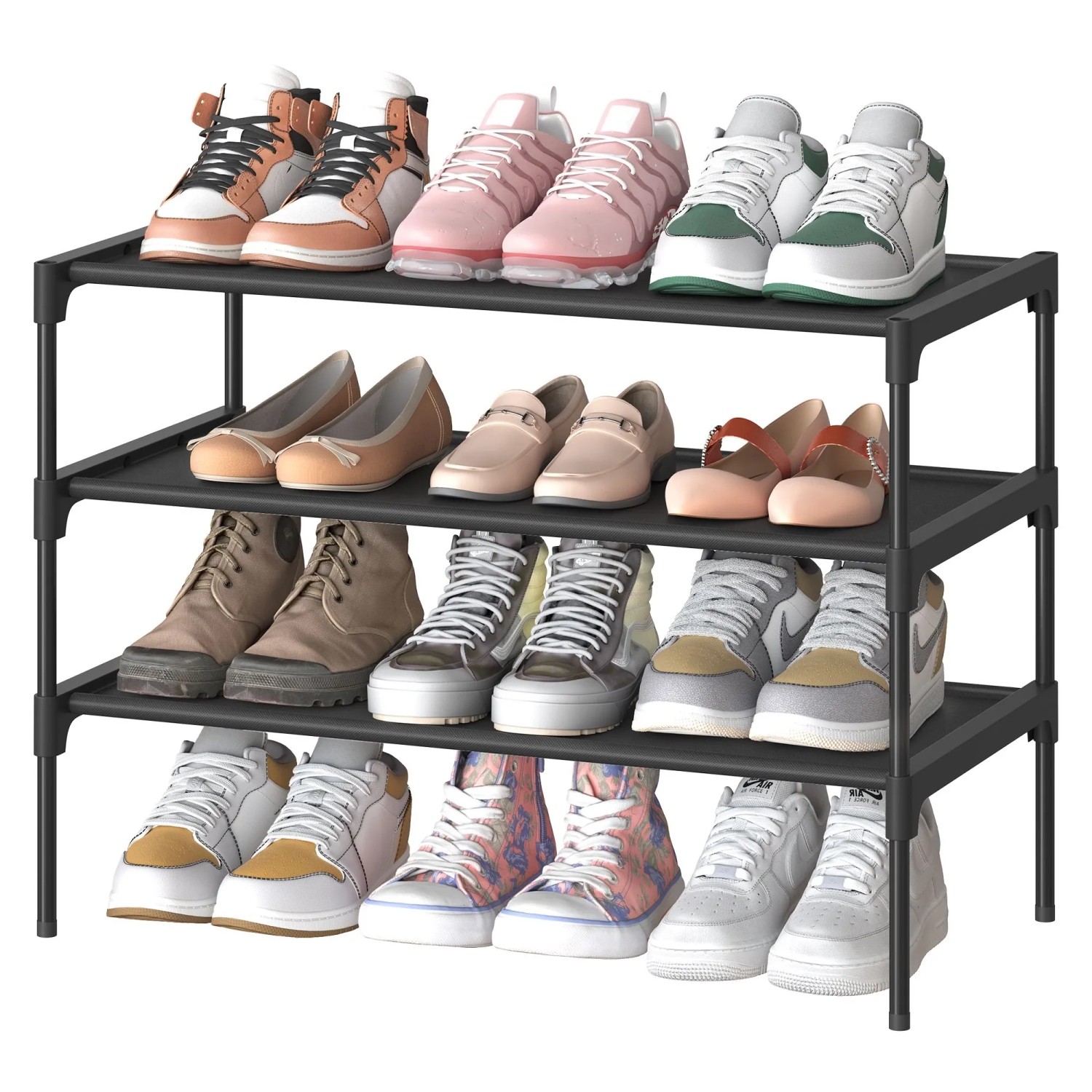 Schwarzes Songmics Schuhregal mit 3 Ebenen, gefüllt mit verschiedenen Schuhen.