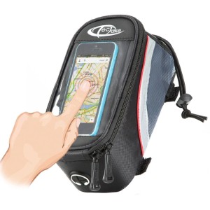 Tectake Fahrradtasche mit Touchscreen-Handyfach, schwarz, grau und rot.