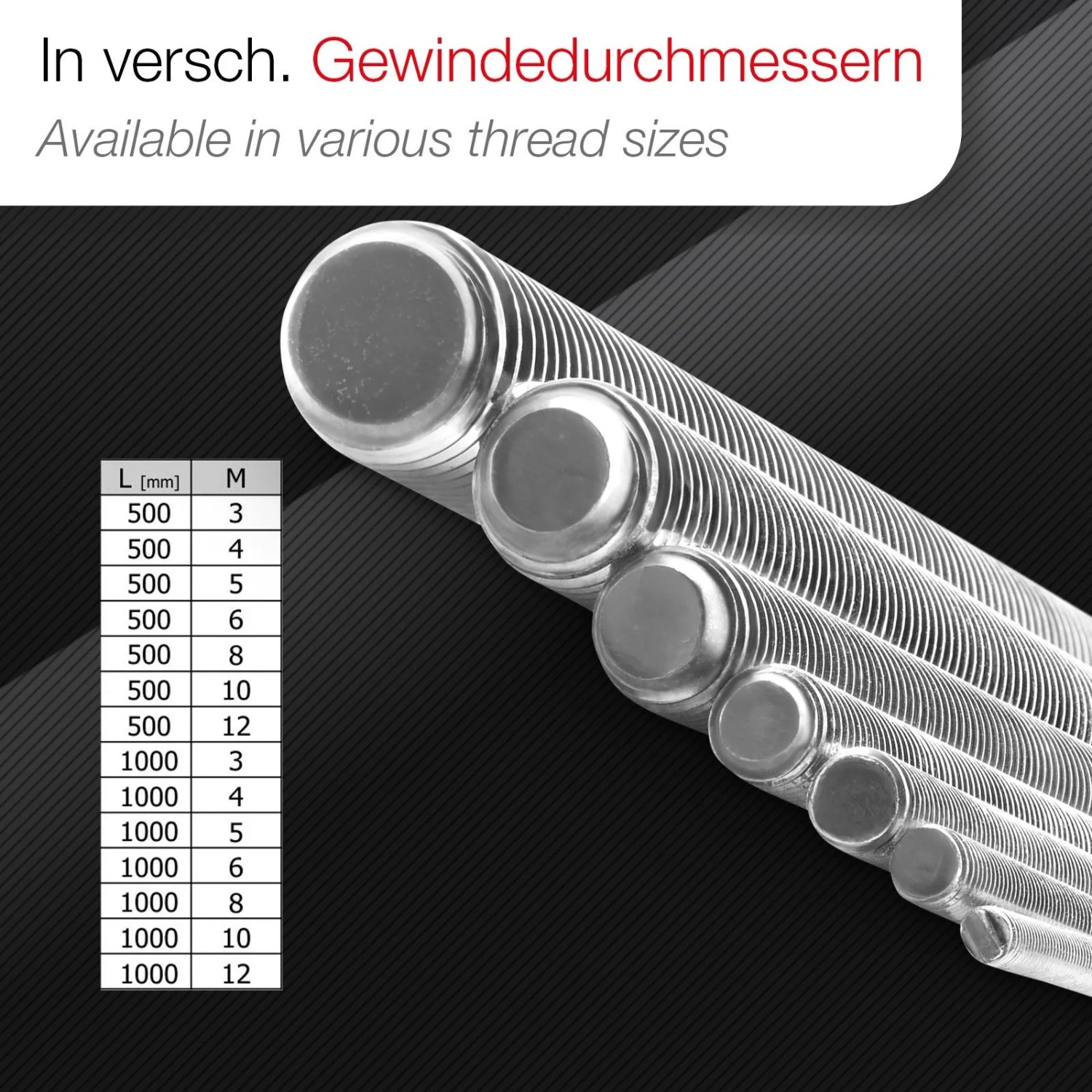 SOTECH Gewindestangen M8x1000 mm aus Edelstahl A2. Vollgewindige Stangen in verschiedenen Durchmessern und Längen.