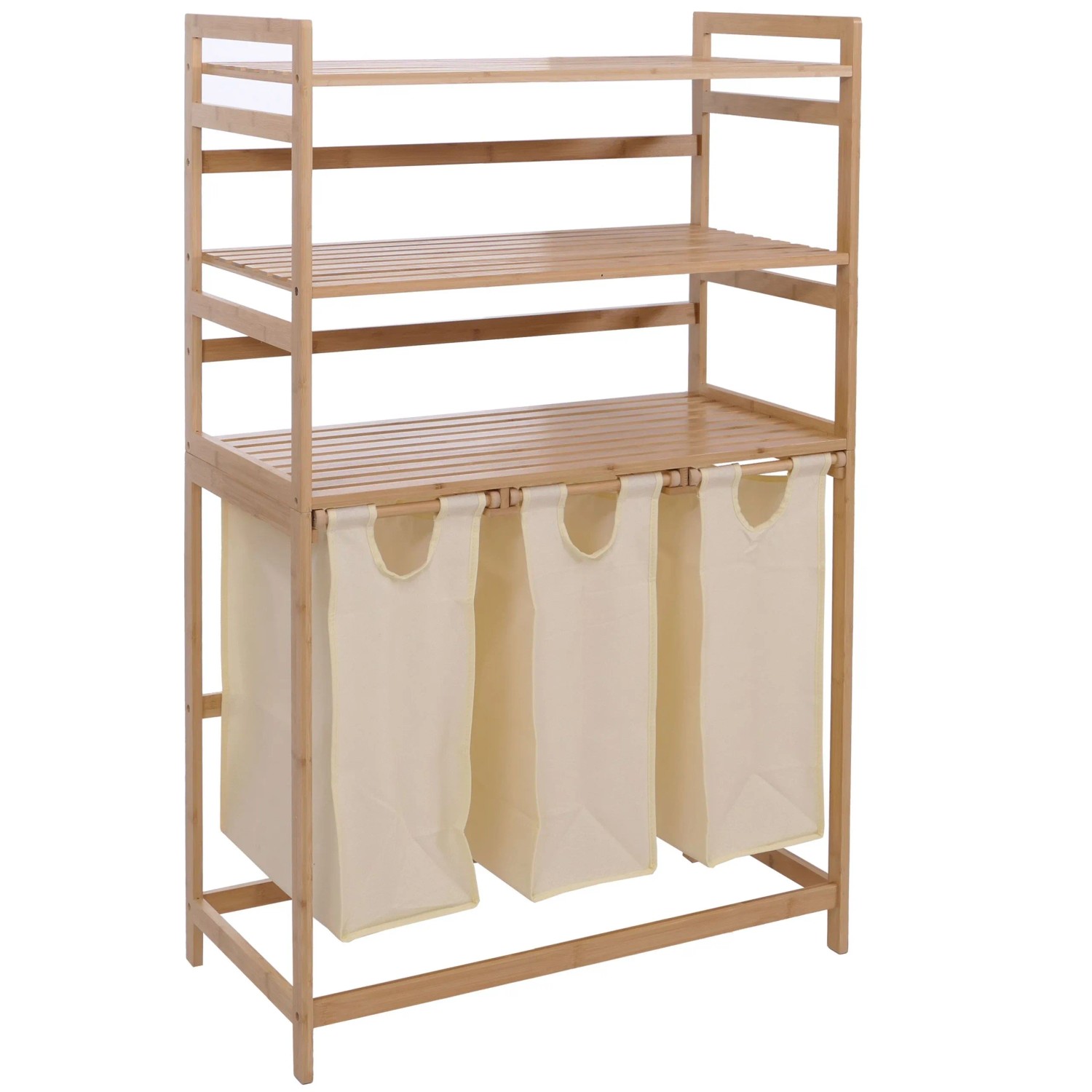 MCW Bambus Wäschesammler P78  3 Ablagen 125x80x40cm 135L Creme