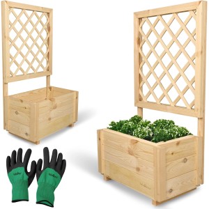 Holz Pflanzkasten mit Rankgitter und Gartenhandschuhen, ideal für Kletterpflanzen im Garten oder auf dem Balkon.