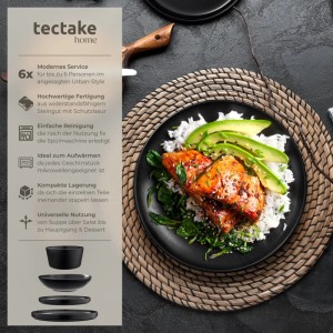Tectake Tafelservice Una, 24-teilig, für 6 Personen im Urban Style, schwarz. Teller mit Speisen angerichtet.