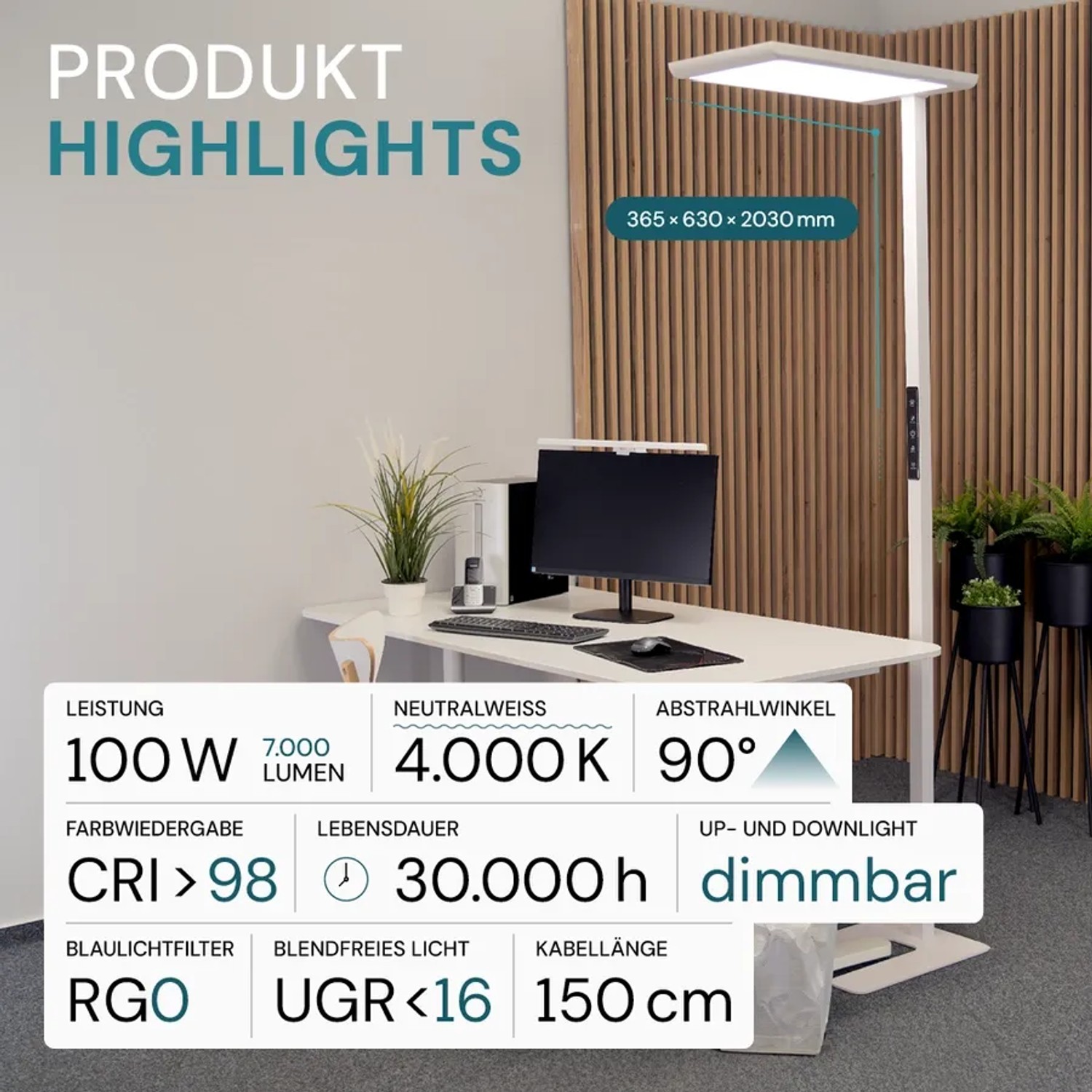 LUXULA LED Stehleuchte 100W 7000lm Bürostehleuchte Up- Downlight Augenschonend UGR16 CRI98 4000K Neutralweiß Dimmbar Stehlampe Weiß_2
