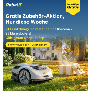 RoboUP Raccoon 2 SE Mähroboter auf Rasen mit Geschenkbox. Gratis 24 Ersatzklingen beim Kauf. Mähroboter Angebot.