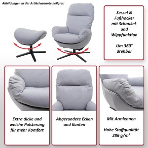 Drehbarer Relaxsessel mit Hocker, hellgrau. Sessel mit Schaukelfunktion und weicher Polsterung.