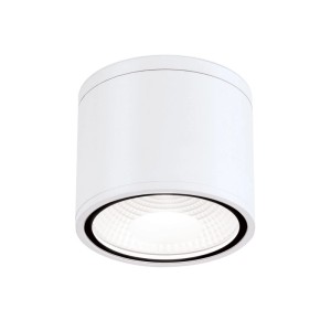 Weißer zylindrischer Orion LED Deckenaufbaustrahler, 14.5cm, warmweißes Licht, IP65 für Nassräume & Außen.