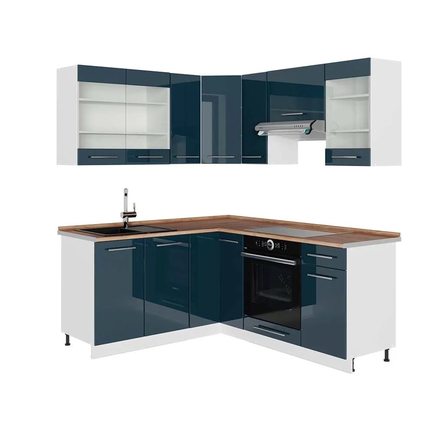 Vicco Küchenzeile Fame-Line Dunkelblau Hochglanz/Weiß 190 x 82, AP Eiche