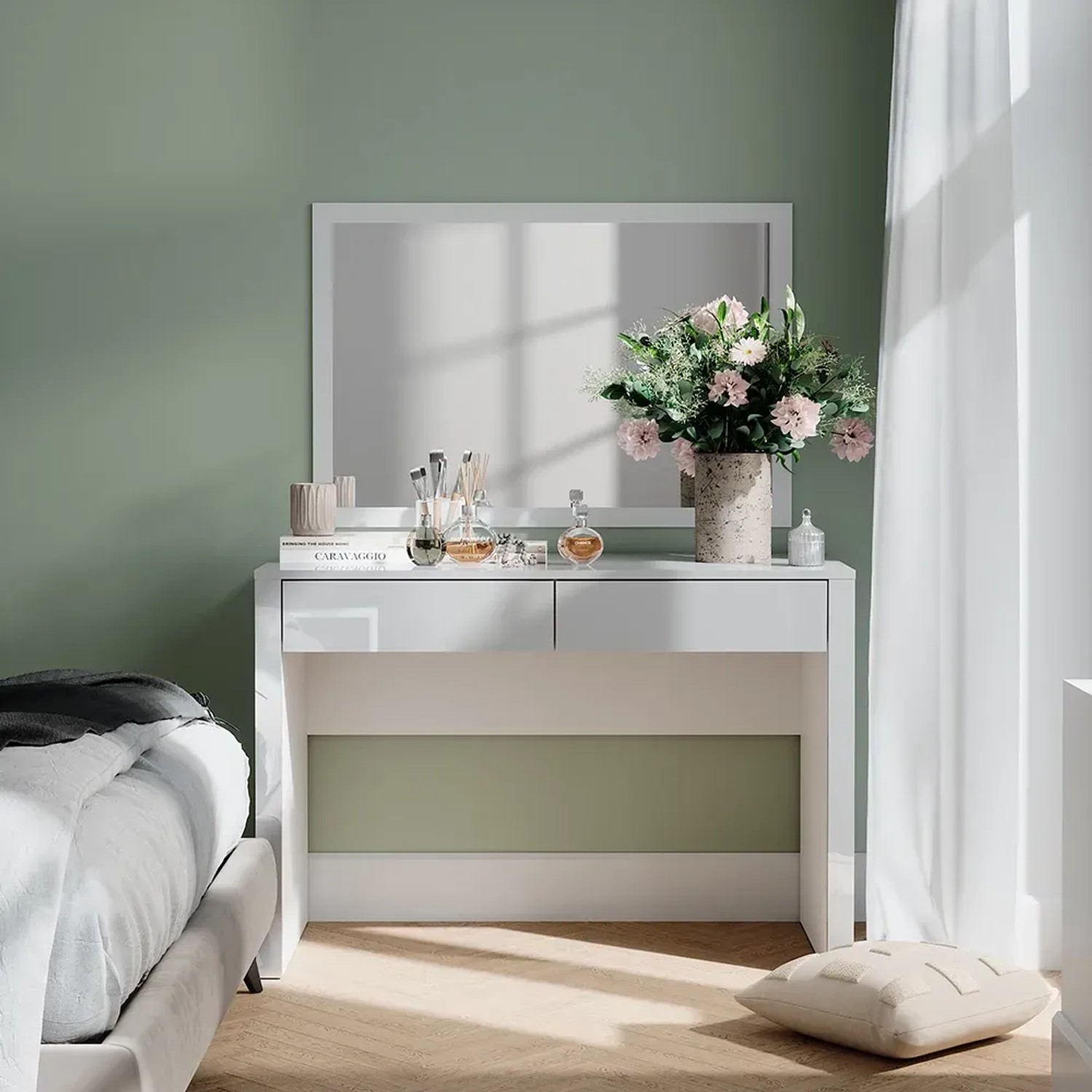 Weißer Vicco Schminktisch Annabelle (110 cm) mit Spiegel und zwei Schubladen. Hochglanz-Optik.