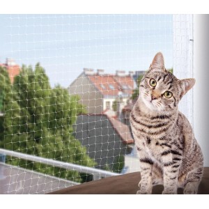 Katze vor Jollypaw Schutznetz für Balkon/Terrasse. Transparentes Sicherheitsnetz 6x3m mit Befestigungsset.