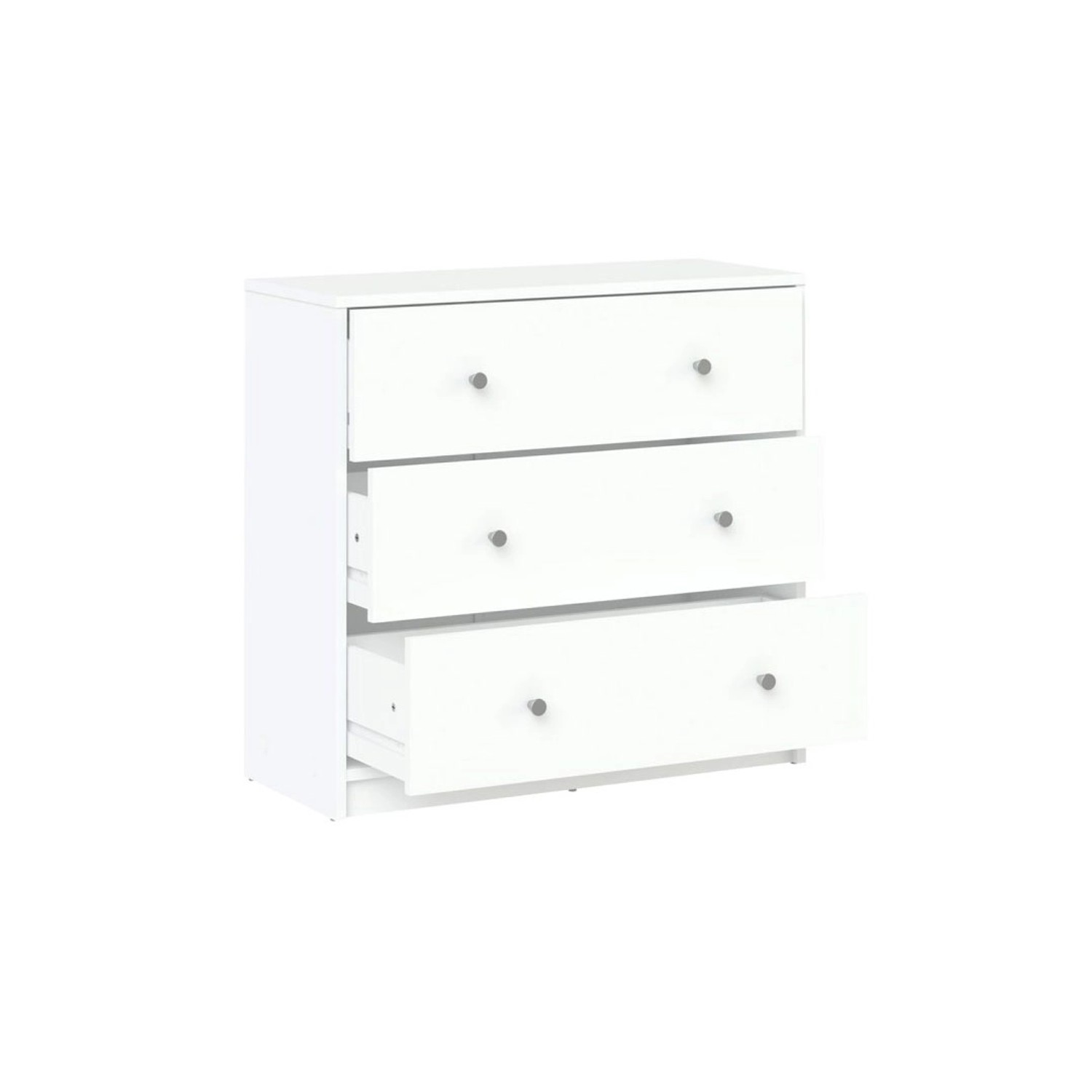 Weiße ebuy24 Maria Kommode mit 3 Schubladen, teilgeöffnet. Kommode für Schlafzimmer und Wohnraum.