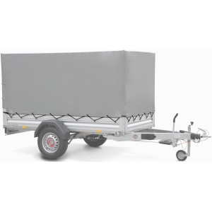Stema Anhänger Alu 750 mit Hochplanenset 80 cm, ungebremst. Autoanhänger mit Alubordwänden und grauer Plane.