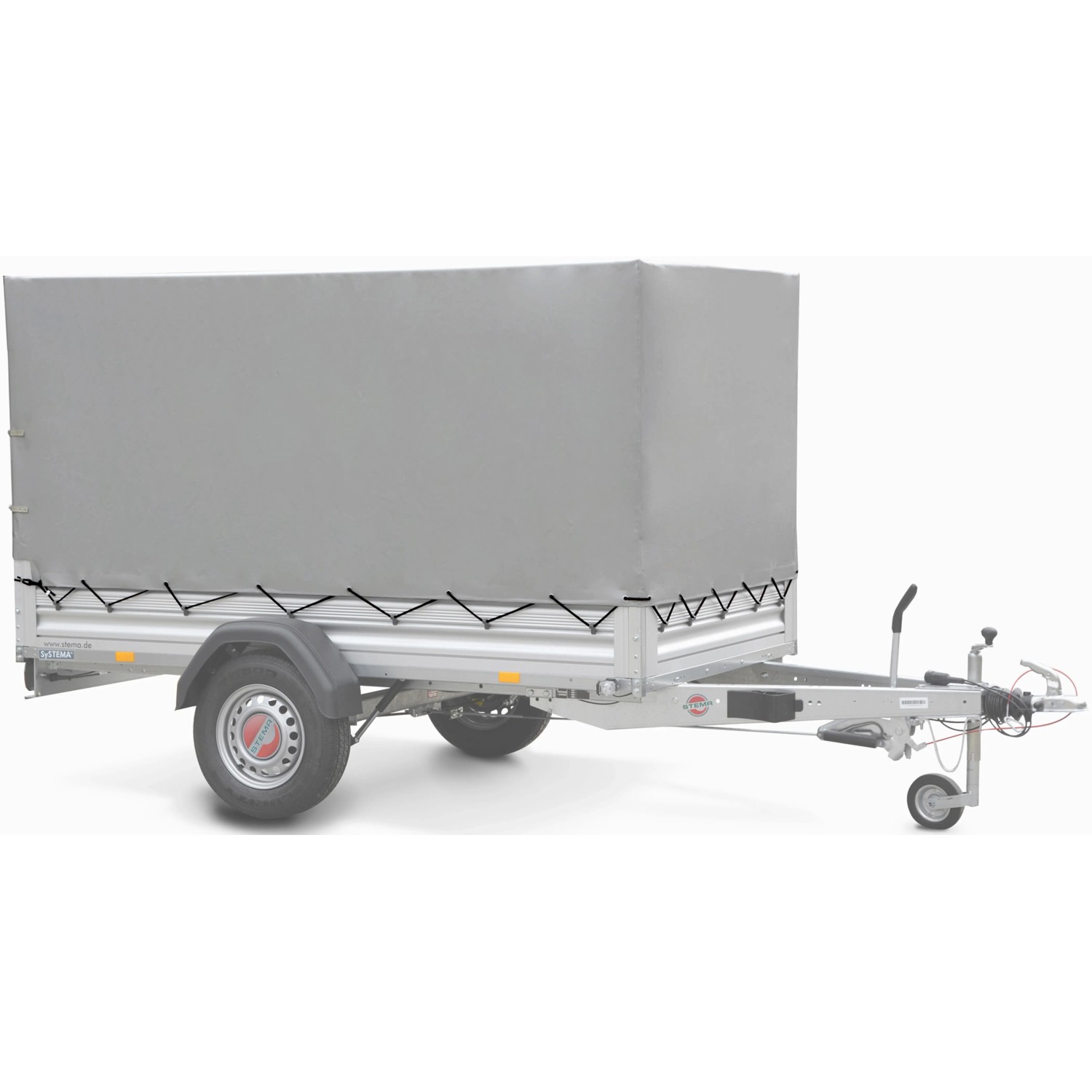 Stema Anhänger Alu 750 mit Hochplanenset 80 cm, ungebremst. Autoanhänger mit Alubordwänden und grauer Plane.