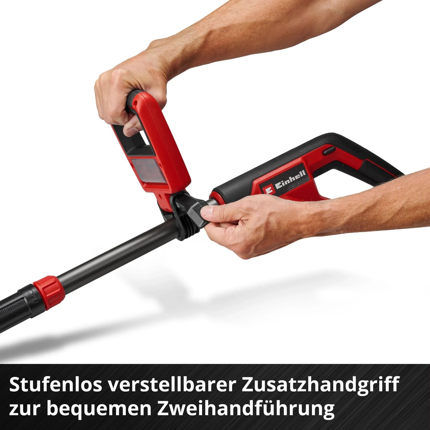 Einhell Akku-Rasentrimmer: Detailaufnahme des verstellbaren Zusatzhandgriffs für komfortable Zweihandbedienung.