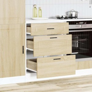 Küchenunterschrank Porto in Sonoma-Eiche mit drei offenen Schubladen. Moderner Holzwerkstoff-Schrank für Küchenstauraum.
