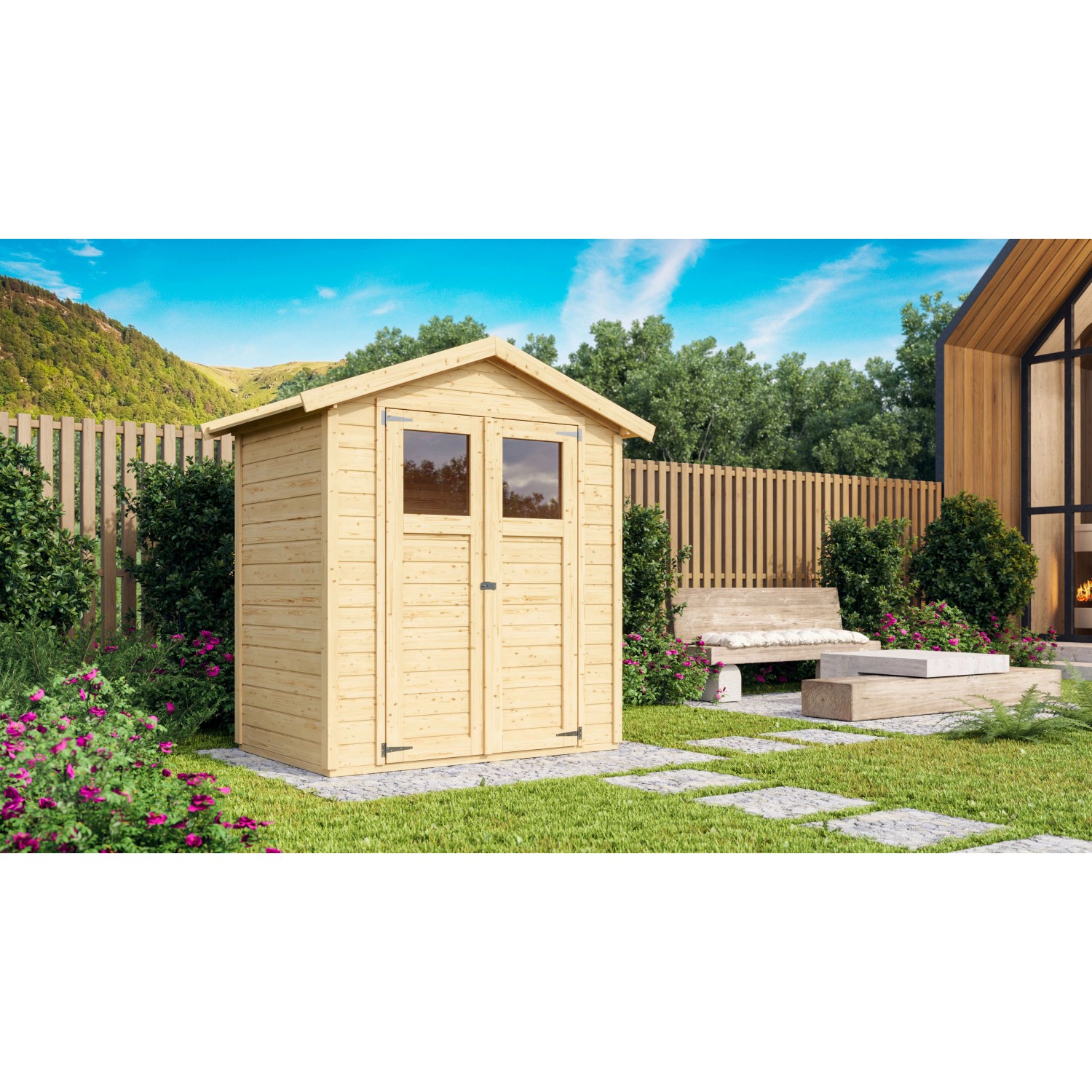 Karibu Holz-Gartenhaus Rom, unbehandelt, mit Satteldach im Garten.